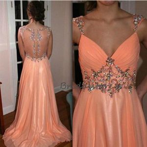 Peach Beaed Crystal Evening Dresses Sexy V Neck Backless Chiffon Long Formal Prom Dresses 2020 Special Occasion Graduation Dress P2711