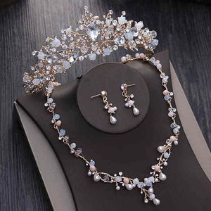 Contas de cristal nobre pérola ouro conjuntos de noiva strass diadema tiaras colar brincos coroa barroca conjunto de joias de casamento243a