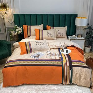 オレンジデザイナーの寝具セットカバーファッションパターンコットンクイーンサイズ高品質の豪華クイーンベッド掛け布団セットカバー300O
