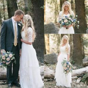 Western Country Bohemian Forest Wedding Dresses spetschiffon Modest V Neck Half Sleeves långa brudklänningar plus storlek klänning för wedd279i