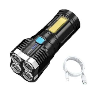 High Power 4 LED -ficklampa USB -laddningsbara ficklampor utomhus Mini Portabla flash -lampor Markera Taktisk belysningskolv LED -fackla med 18650 batteri