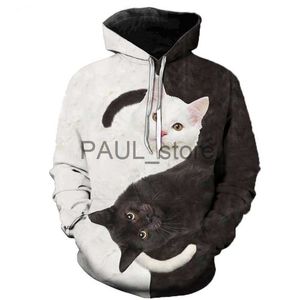 Herrtröjor tröjor heta mode svartvit katt 3d hoodie tröjor tröjor män kvinnor casual streetwear casual svart plus size hoodies x0720