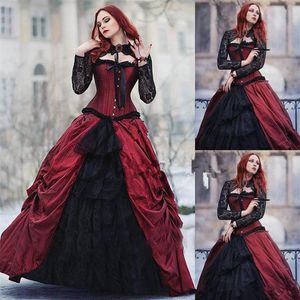 Vestidos de casamento gótico vitoriano para Halloween 2022 vinho vintage vermelho e preto transparente renda manga longa espartilho vestido de noiva 305Q