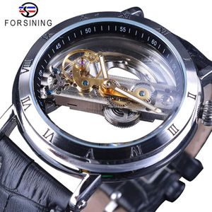 Forsining Design minimalista Doppio lato trasparente Uomo d'affari Testa a corona Scheletro Orologio da uomo Orologio automatico di lusso delle migliori marche240I