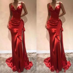 エレガントな赤い長いイブニングドレス2021恋人マーメイドフォーマルプロムドレススイープスイープトレインジッパーサイドスプリットイブニングガウンS282X