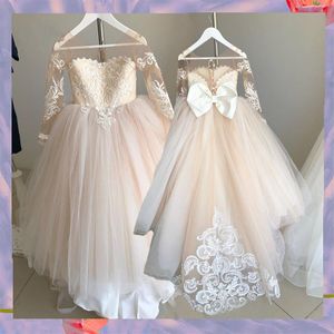 2-14 Years Lace Tulle Flower Girl Dress Bows Children's First Communion Dress Princess Ball Gown Wedding Party Dress248S