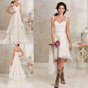 Lace Country Wedding Dresses With Detachable Train High Low Short Bridal Dress Gown Floor length Multi Layers Garden Bohemian Wedd253Z