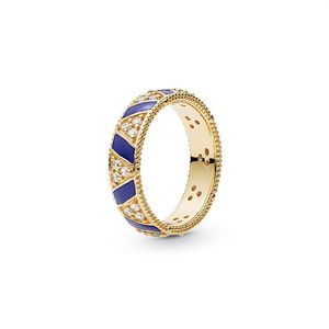 Nytt 18K Yellow Gold Plated Ring Set Original Box för Pandora 925 Silver Blue Stripes Stones Ring Women Mens Gift Jewelry Ring279G
