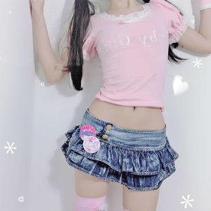 Skirts Japanese Girl Pleated Super Mini Denim Low Waist A Line Bud Skirt Solid Night Club Party Wear Punk Style Lolita 230720