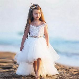 Novo vestido de princesa alto e baixo vestido de menina de flores com decote transparente com miçangas para ocasiões especiais vestidos de baile de formatura para crianças feitos sob medida252f