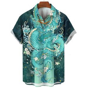 Erkek Günlük Gömlek Yaz Erkekler Sosyal Sosyal Vintage Floral Hawaiian Büyük Boy Kısa Kollu Gömlek Lüks Ejderha Desen Element Giyim 230720