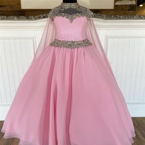 Pink Chiffon Pageant Dress for Teens Juniors 2022 Cape High Neck Bling Crystals Long Formal Event Party Gown for Little Girl Zippe204y