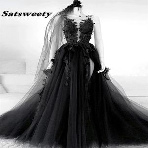 Gotycka czarna sukienki na studniówkę seksowną nie pleców wysoką bokową rozdzielenie A-line wieczorowa sukienka koronkowa formalne sukienki imprezowe z zasłoną szatą de soiree226u