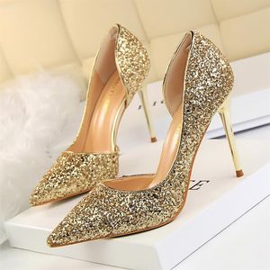 Shining Wedding Swide Swed Swed Swed Swed Swed Swed Sware The Bride Sequined Stiletto Heel Banquet Banquet High Heels Plus Size Упомянутые пальцы 4 цвета свадебная обувь 259f