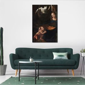 Famous Portrait Canvas Art Leonardo Da Vinci Painting Virgin of the Rocks Handmade Modern Cafe Bar Decor