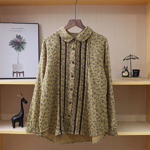 Japan Style Mori Girl Peter Pan Collar Literary Shirt Double Cotton Yarn Long Sleeve Floral Print Blouse