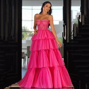 Hot Pink Ruffles Tiere Prom Dresses Sweetheart Exposed Boning Formal Dress Layere Tulle A Line Birthday Party Gown