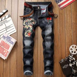 Mens Jeans Men Straight Cotton Ripped Distressed 3d Dragon Embroidery Black Denim Trousers Plus Size 29-38 Homme Jeans304x