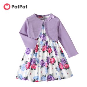 PatPat 2 pezzi Abito senza maniche con stampa floreale per bambina e cardigan con design a fiocco viola a maniche lunghe