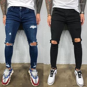 Jeans Masculino Skinny Listras Laterais Rasgado Desfiado Calças Denim Fit Hip Hop Black Streetwear Calças Jeans Casuais com Borda Rolada