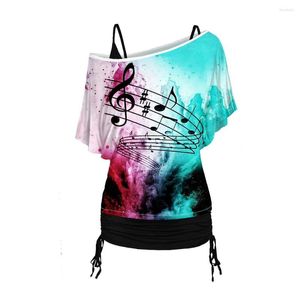 Women's T Shirts Women Summer Half Sleeve Outwear Oblique Music Note Print Skew Neck Shirt And Cinched Ruched Long Camisole Set