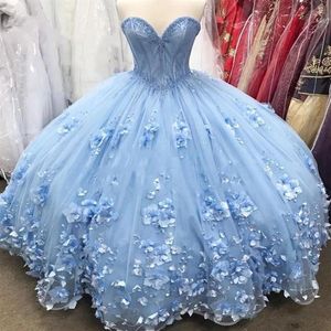 Blue Sweet 16 Quinceanera Dresses 2020 Vestido de Baile Ombro Fora 3D Flores Plus Size Barato Cinderela Vestidos Debutante 15 Anos256N