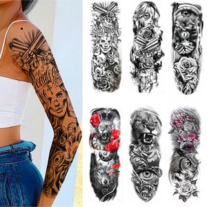 Voller Arm Temporäre Tätowierung Lady Gun Eye Flower Tiger Lion Skull Eagle Frauen Körper Bein Wasserdichter Aufkleber Cool Man Totem Sleeve