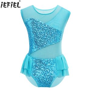 Kids Girls Ballet Dance Leotard Sequins Sleeveless Gymnastics Bodysuit Figure Skating Jumpsuit Ballerina Performance Dancewear