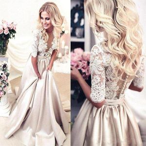 Half Sleeves Prom Dresses Applique Covered Button Back Lace Evening Long Dresses Junior Skinny Girl Party Gowns289d