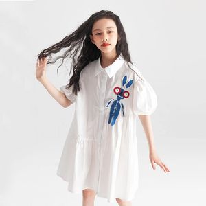 Meninas vestido de verão novo grande criança menina blusa longa solta vestidos brancos crianças desenhos animados coelho vestido roupas adolescentes