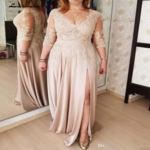 Plus Size Lace Illusion 3 4 Long Sleeve Sheath Mother Of the Bride Dresses Side Split Formal Evening Gowns V Neck See Through Part259W