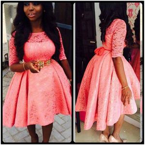 Elegant 2020 Coral Lace Prom Dresses Short High Low Clow Half Sleeve Crystal Belt Black Girl Prom Evening Party280V