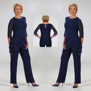 2020 Ursula Navy Mother of the Bride Pant Suits Chiffon Ankellängd Långärmare Bröllop Gästklänning Kristallutrustning Kvällsklänningar267z