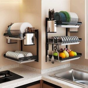 304 Stainless Steel Kitchen Dish Rack Plate Cutlery Cup Dish Drainer Drying Rack Wall Mount Kitchen Organizer Storage Holder T2003213t