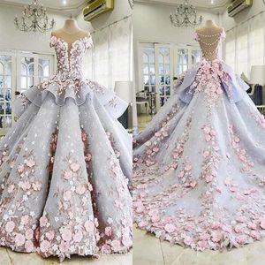 2022 Luxury Quinceanera Ball sukienki 3D kwiatowe koronkowe nakładanie rękawów Słodka 16 podłogowa długość piętra Sheer Back Puffy Party Prom EV235R
