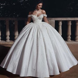 العربية قبالة كرات الكتف ثوب فساتين الزفاف 2020 Vestidos de Noiva Beads Flowers Lace-Up Back Bridals 266p