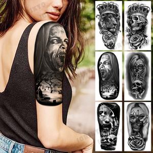 Tatuagens temporárias de braço de vampiro preto para mulheres, adulto, crânio, leão, coroa, bússola, tatuagem falsa, lavável, pintura de arte corporal, tatuagens