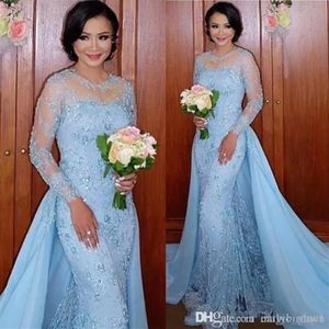 African Baby Blue Prom Dresses Mermaid With Detachable Train Sheer Neck Appliques Long Sleeves Sweep Train Arabic Dubai Evening Pa263g