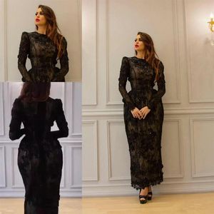 little black dress tealength 3d floral evening dresses with long sleeve yousef aljasmi lace arabic occasion prom gowns243a