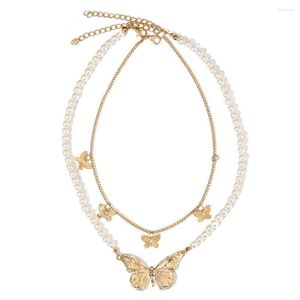 Choker Vintage Clavicle Chain Pearl Double-layer Neck Double Layer Hollowed Out Butterfly Pendant Necklace For Women Collares Mujer