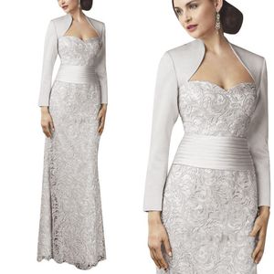 New Lace Silver Mother of the Bride Dresses With Jacket Wedding Party Formal Evening Gowns Lace Appliqued Mothers Groom Dress2573