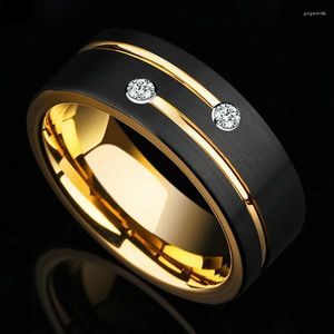 Wedding Rings Trendy 8mm Men's Black Brushed Stainless Steel Ring Double Gold Color Groove Zircon Stone Fashion Men Band Jewelry