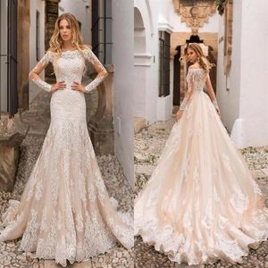 Nuovi abiti da sposa a sirena color champagne con spalle scoperte Appliques in pizzo Abiti da sposa lunghi in tulle con maniche lunghe trasparenti2939