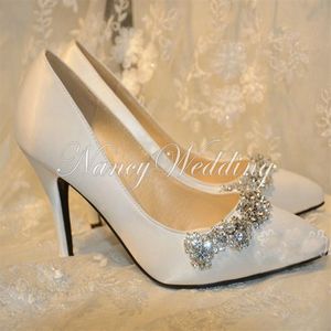 Nova Chegada Sapatos de Casamento com Strass Branco Sapatos de Noiva de Cetim Redondo Salto Alto Lindos Sapatos de Baile de Formatura Dedo Pontudo Dama de Honra307A