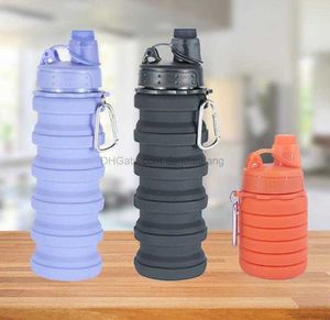 500ml Portable folding Collapsible water bottles Silicone Leakproof Foldable Reusable Travel flask cup with Carabiner for Sports Gym Running Camping hiking