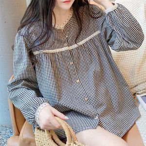 Kobiety bluzki damskiej Baby Blouse Top 2023 Spring Korean Commuter Loose Sweetheart Lace Lace Clar Black and White Plaid Long Rleeve dla kobiet