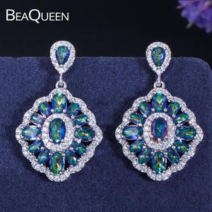Dangle & Chandelier BeaQueen Fancy Women Blue Green Multicolor Cubic Zircon Rainbow Big Hanging Drop Earrings Statement Jewlery Ac281G