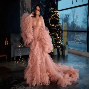 Abiti da ballo a maniche lunghe rosa gonfi Abiti da ballo con volant Abito da sera a strati in tulle Cutsom Made Plus Size Abiti da festa Po Shoot Vestido303F