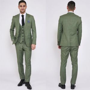 Olive Green Plaid Mens Suits for Groom Tuxedos 2019 Notched Lapel Slim Fit Blazer Three Piece Jacket Pants Man Tailor Made Clothin311v