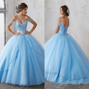 2019 г. Световое небо голубые платья Quinceanera Spaghetti Beaded Crystal Princess Prames для вечеринки для Sweet 16 Girls271y